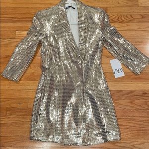 Gold Sequin Zara Blazer Dress Size Small